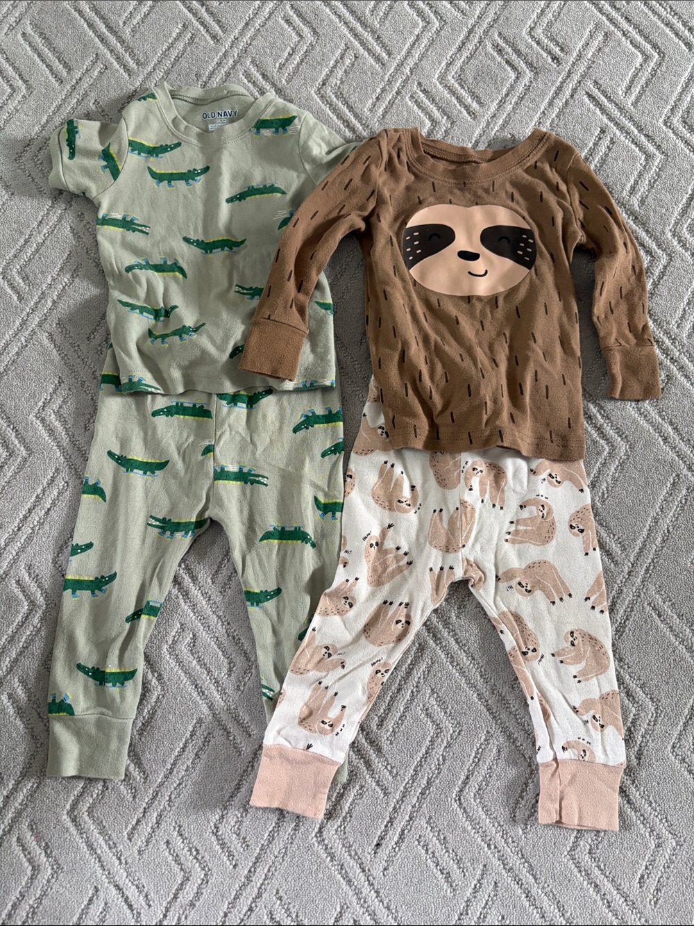 Old Navy Green Alligator & Brown Sloth baby Pajama 2-Pack